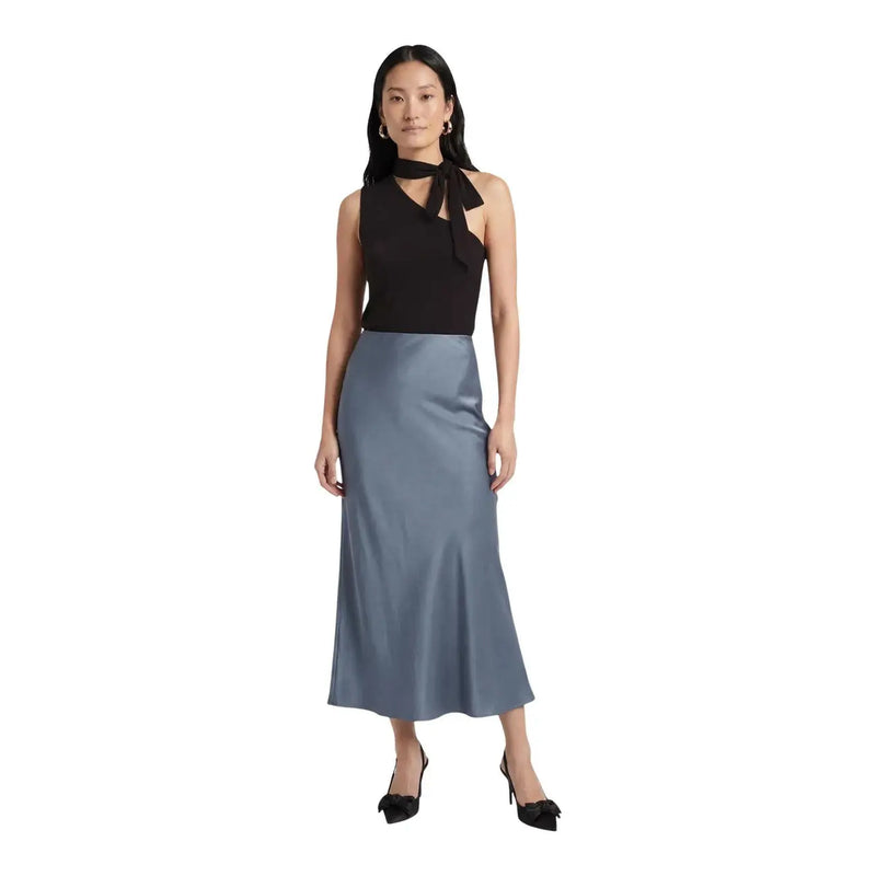 Jacqueline de yong women one shoulder brown scarf top paired with a sleek satin-finish slate blue lyocell midi skirt