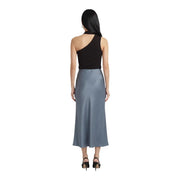 A sleek slate-blue satin midi skirt with a flowing silhouette and high waist paired with jacqueline de yong brown lyocell scarf top
