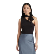 Jacqueline De Yong women one shoulder brown lyocell scarf top featuring a black halter neck with a tied bow neckline