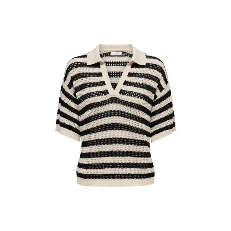 Pull polo rayé pour femme Jacqueline de Yong en maille noire et crème avec motif ajouré texturé