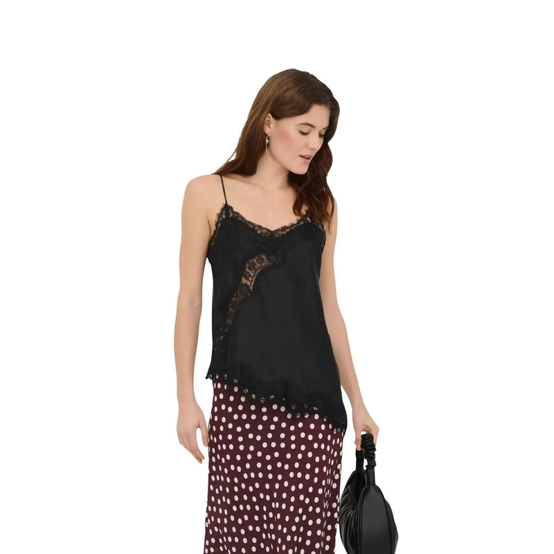 Jacqueline de yong women tank top black silk camisole with asymmetrical black lace trim polyester size small