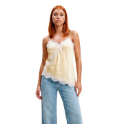 Jacqueline de yong women satin camisole in pale yellow with white lace trim along neckline and hem