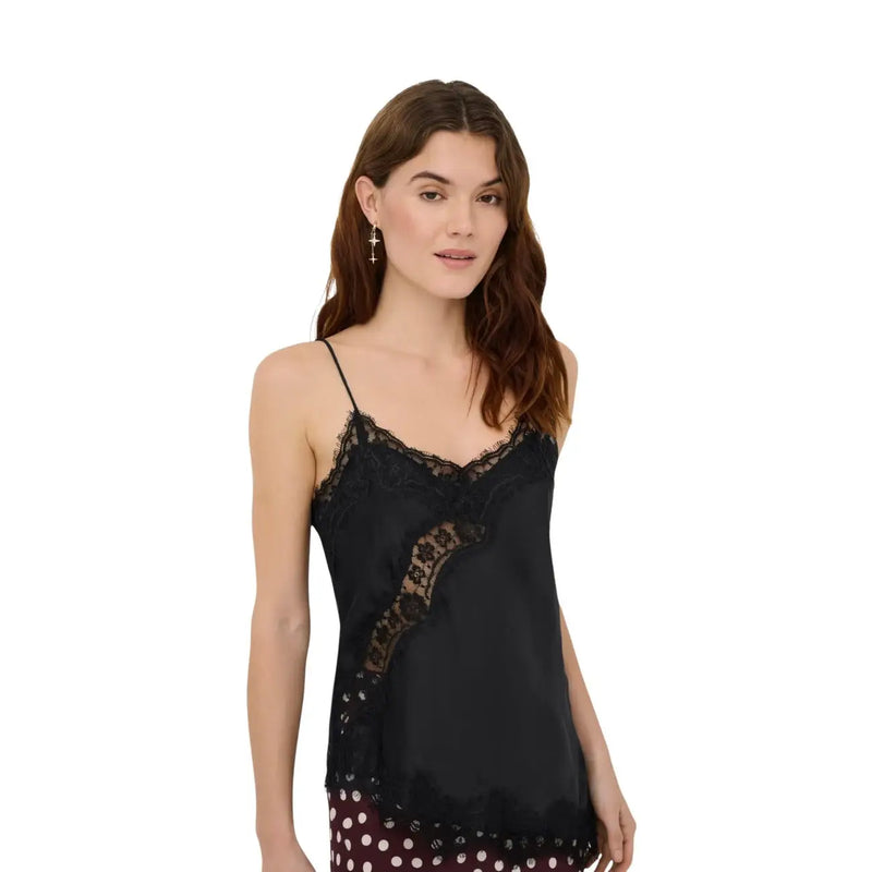 Jacqueline De Yong women tank top black satin polyester with asymmetrical lace trim and floral embroidery side detail