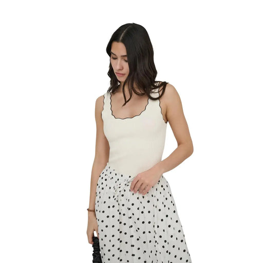 Jacqueline de yong women tank top in cream-colored ribbed viscose with black scalloped trim and black straps