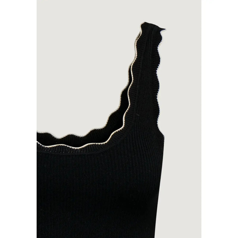 Jacqueline de yong women black ribbed knit tank top with white scalloped neckline made of viscose