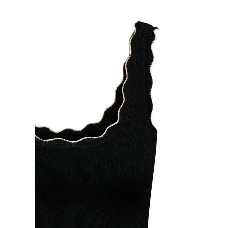 Jacqueline de yong women tank top black ribbed knit with scalloped neckline white trim viscose material