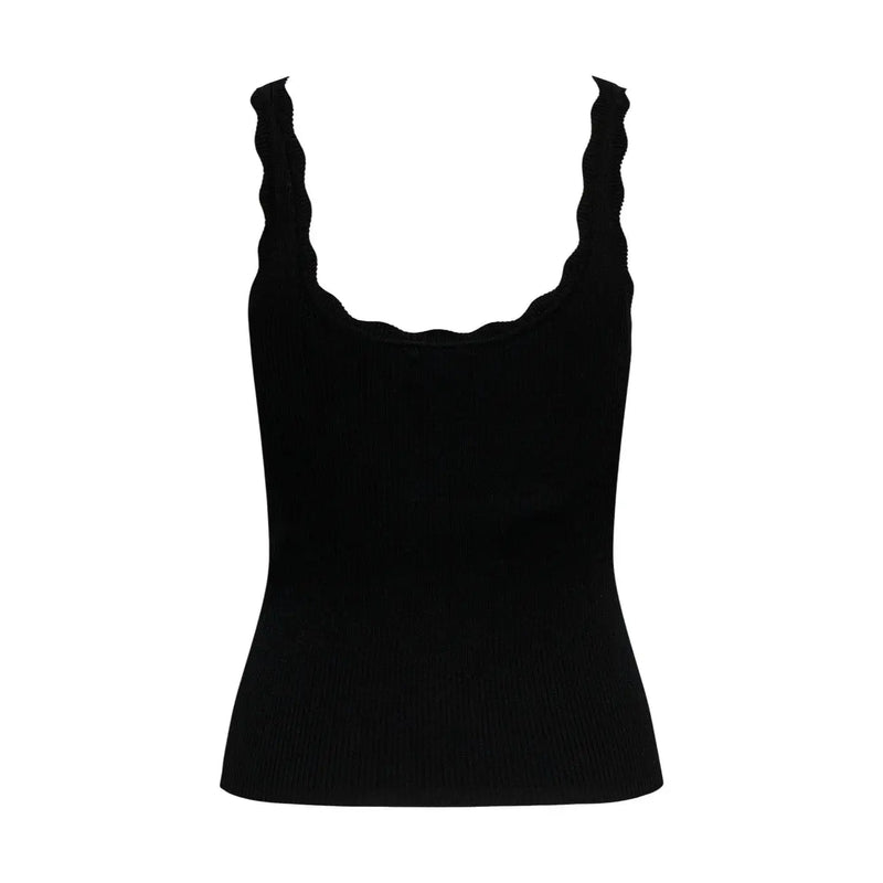 Black ribbed knit tank top with scalloped shoulder straps made of viscose by Jacqueline de Yong for women