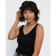 Jacqueline de yong women tank top black v neck viscose paired with a chunky silver chain choker necklace with bold links