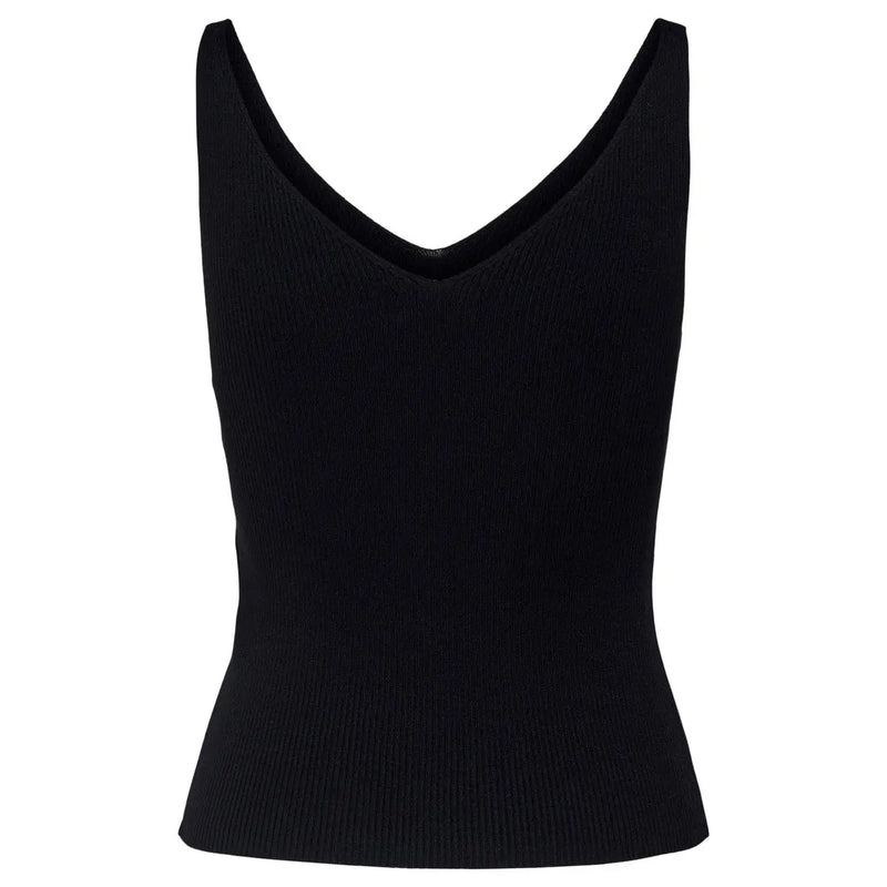 Black ribbed knit sleeveless top with deep v neckline by jacqueline de yong made of viscose for women
