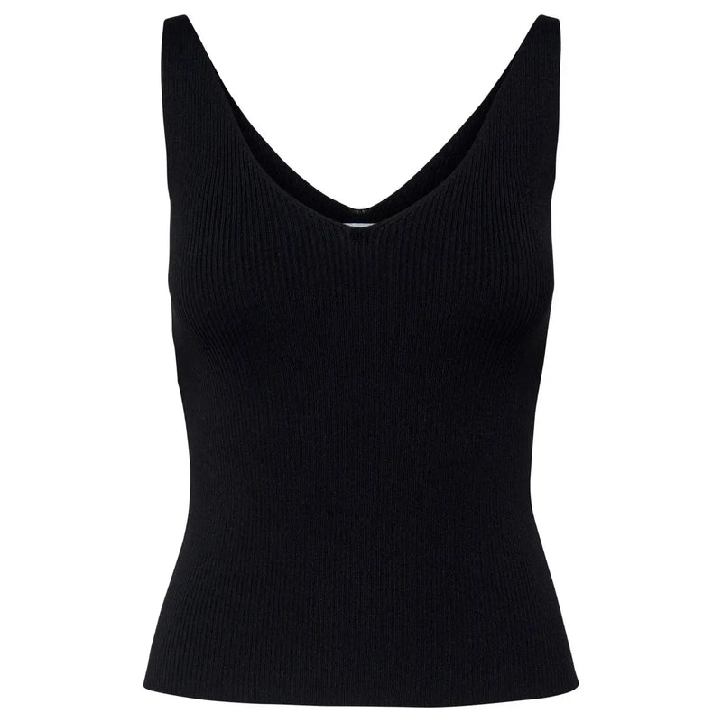 Black ribbed knit sleeveless tank top with deep v neckline made of viscose by Jacqueline de Yong women collection