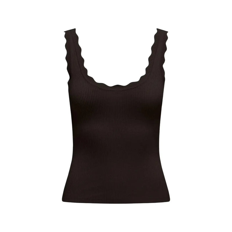 Black ribbed tank top by jacqueline de yong with scalloped shoulder straps in brown suitable for casual wear
