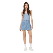 Light blue denim mini skirt with front button closure and two patch pockets paired with jacqueline de yong tank top
