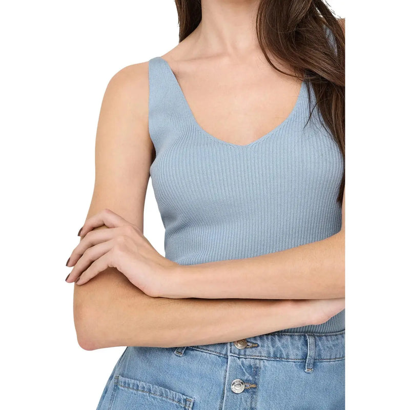 Jacqueline de yong women light blue ribbed knit viscose tank top with v-neckline and sleeveless design