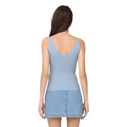 Back view of jacqueline de yong women tank top light blue ribbed knit viscose sleeveless with v-back design
