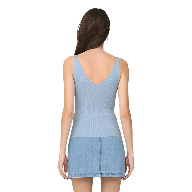Back view of jacqueline de yong women tank top light blue ribbed knit viscose sleeveless with v-back design