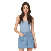 Light blue viscose sleeveless ribbed knit tank top by jacqueline de yong paired with denim mini skirt front view