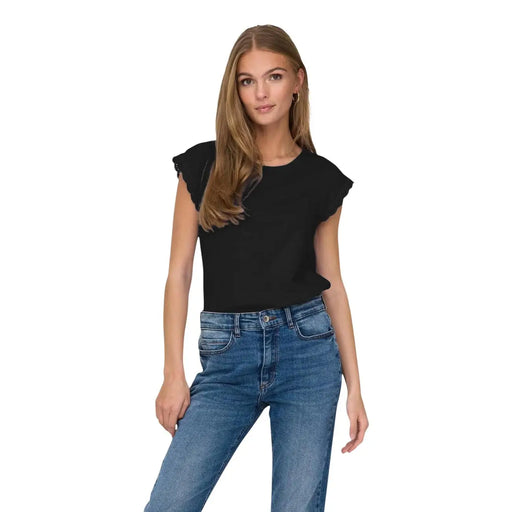 Black tank top with ruffled sleeves by Jacqueline de Yong made of cotton featuring white crochet details
