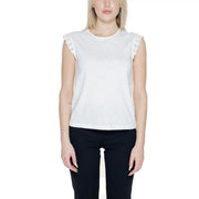 White cotton sleeveless tank top by Jacqueline de Yong with delicate lace trim along the shoulders