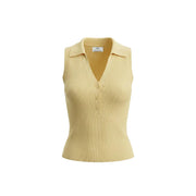 Jacqueline de yong women tank top yellow v neck button with pale yellow ribbed knit sleeveless design and collar