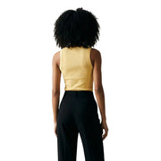 A ribbed yellow sleeveless jacqueline de yong women tank top with v neck and fitted back button design