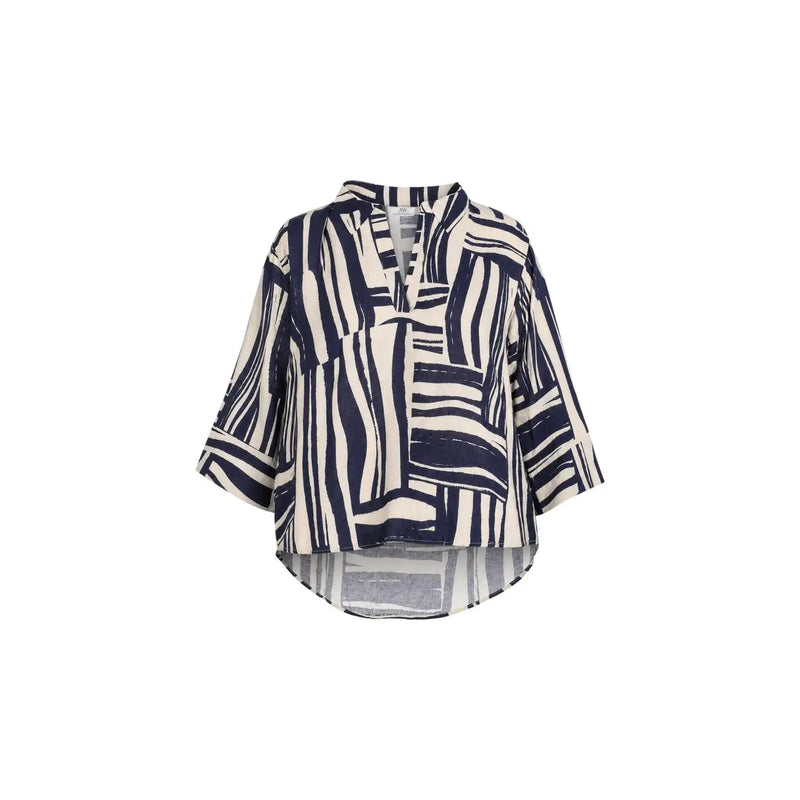 Jacqueline de yong women top navy and off-white abstract striped relaxed fit viscose blouse with 3 4 sleeves