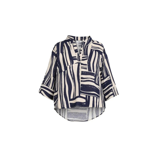 Jacqueline de Yong Frauen top Marineblaue und cremeweiße, abstrakt gestreifte, locker geschnittene Viskosebluse mit 3/4-Ärmeln