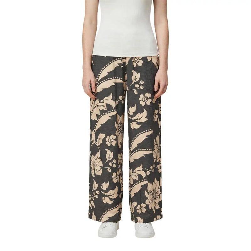 Dark gray wide-leg Jacqueline De Yong women trousers with beige floral lace pattern and delicate dotted viscose fabric