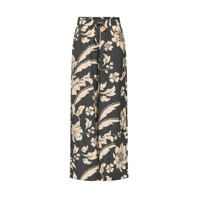 Jacqueline de yong women black wide-leg viscose trousers with elegant cream floral lace and dotted seam accents