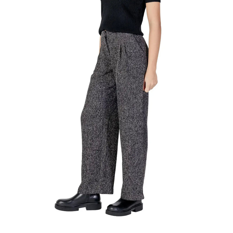 Jacqueline de yong women trousers black wide-leg herringbone textured with drawstring waist for fall winter wear