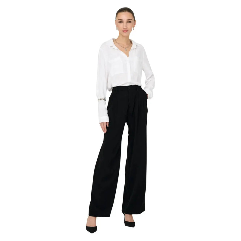 Black wide-leg jacqueline de yong trousers with tailored fit, subtle pleats, zip front, and side pockets