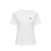 Jacqueline de yong women white cotton round neck t shirt with short sleeves and small red heart embroidery on left chest