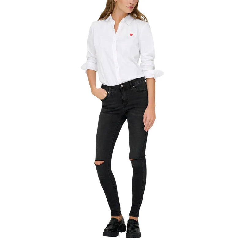 Jacqueline de Yong women white cotton v neck long shirt with a small pink heart embroidery on the left chest