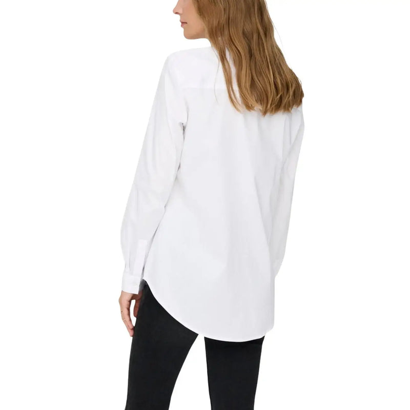 Jacqueline de yong women white cotton v neck long shirt with relaxed fit long sleeves and curved hemline