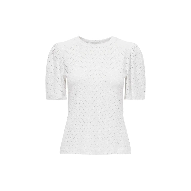 Jacqueline De Yong women white short sleeve blouse with eyelet fabric short puffed sleeves and round neckline