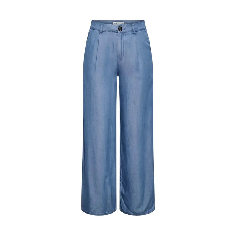 Light blue wide-leg lyocell trousers for women by jacqueline de yong with smooth shiny fabric and button closure