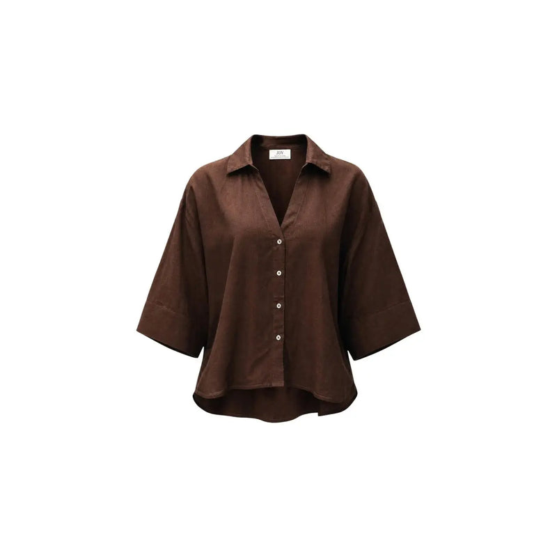 Jdy women brown viscose classic loose-fitting button-up shirt with collar and three-quarter length sleeves