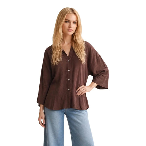 Chemisier Jdy pour femme, en viscose marron, col rond, manches cloche amples et coupe classique 3/4.