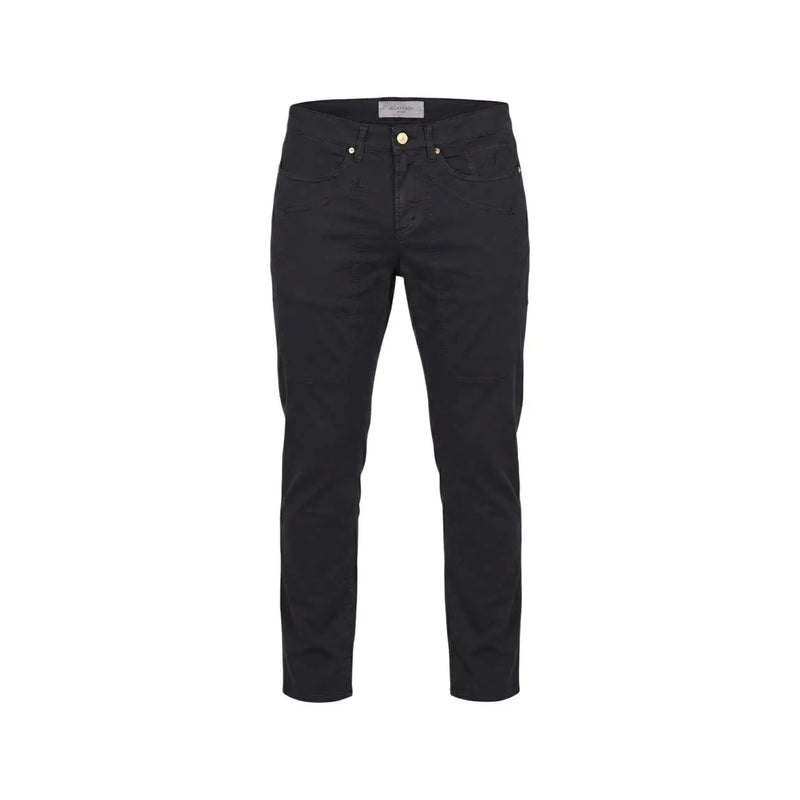 Black slim-fit denim jeans with gold-tone hardware and branded waistband label from Jeckerson men trousers collection