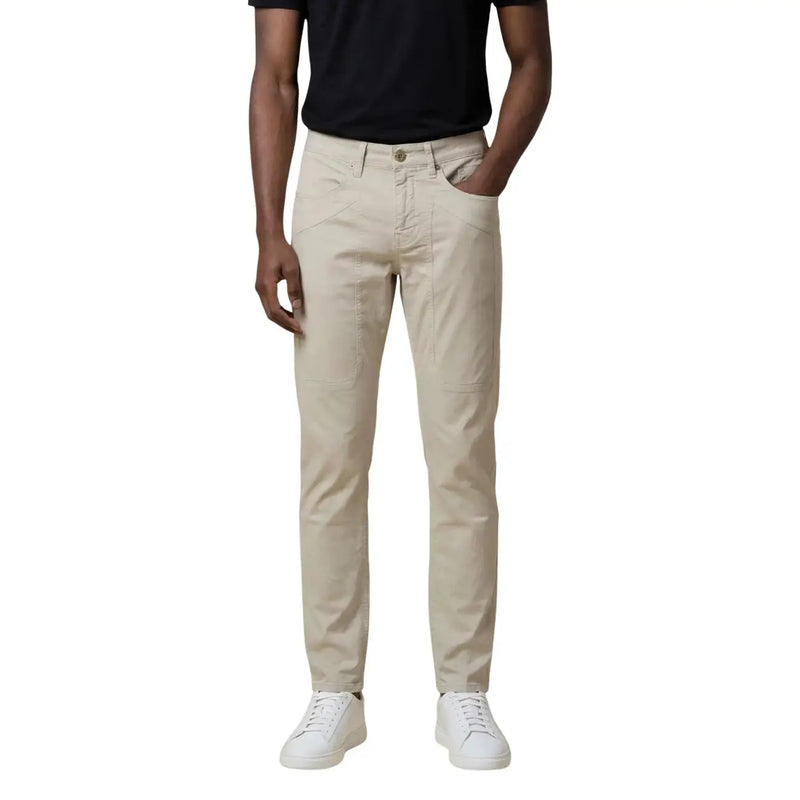 Beige slim-fit denim jeans with five-pocket design and button closure from jeckerson men trousers collection