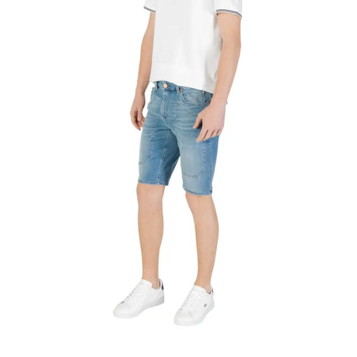 Blue denim shorts with white stitching and pockets, likely from a popular brand like levi’s or abercrombie & fitch.