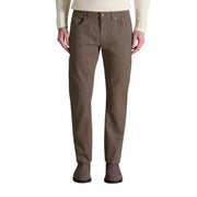 Men’s brown straight-leg trousers with ribbed cream sweater and taupe suede boots