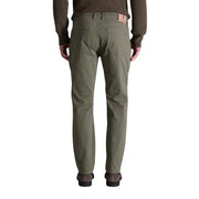 Men’s olive green cotton elastane cargo trousers with gold buttons and ribbed sweater sleeve