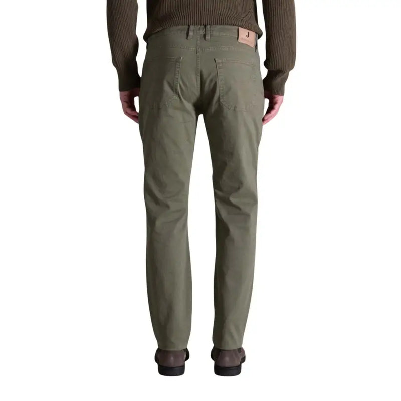 Men’s olive green cotton elastane cargo trousers with gold buttons and ribbed sweater sleeve