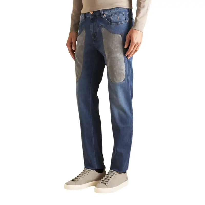 Jeckerson men jeans blue cotton stretch slim fit with gray suede patches on the front thighs