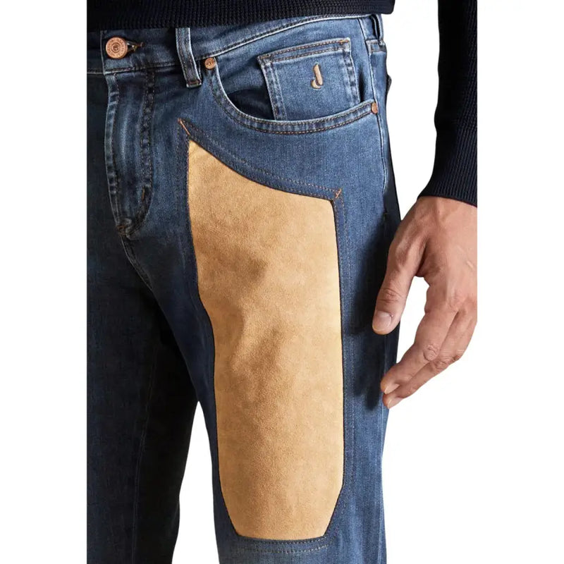 Back side of jeckerson men jeans blue cotton stretch slim fit featuring blue denim and tan suede patch on pocket