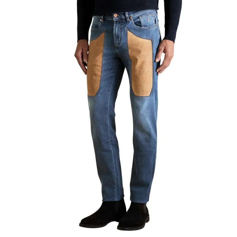 Jeckerson men jeans blue cotton stretch slim fit featuring tan leather patches on the thighs
