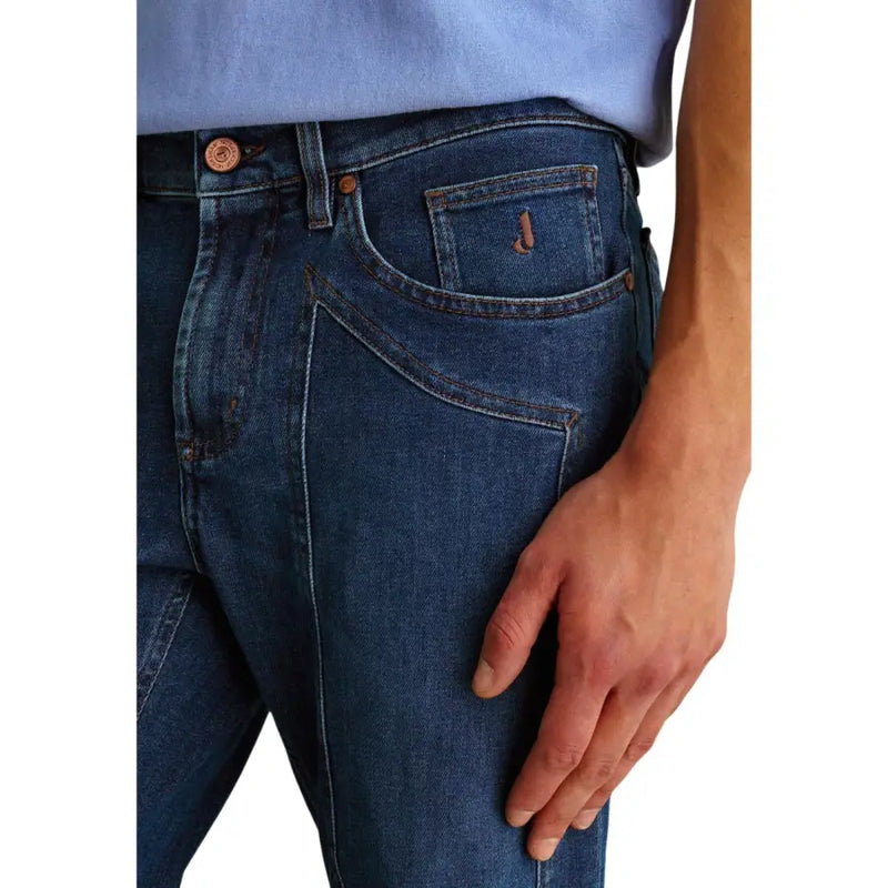 Back side of jeckerson men jeans blue organic cotton slim fit with dark blue denim copper buttons and embroidered logo