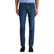 Jeckerson men jeans blue organic cotton slim fit dark blue denim with reinforced knee patches and five-pocket design