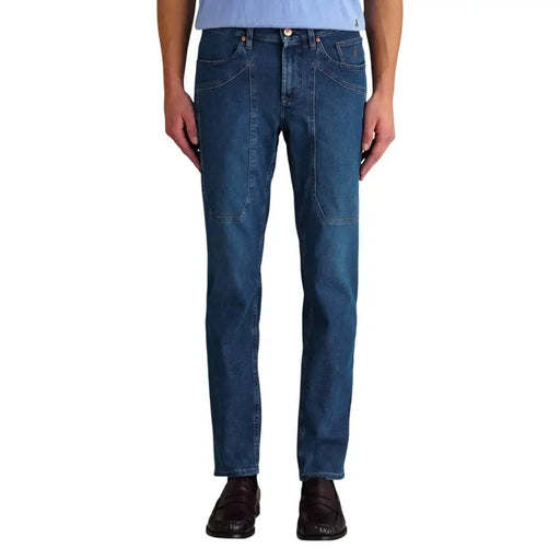 Jeckerson men jeans blue organic cotton slim fit dark blue denim with reinforced knee patches and five-pocket design