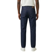 Dark indigo jeckerson men jeans in organic cotton with straight-leg cut and brown leather waistband patch